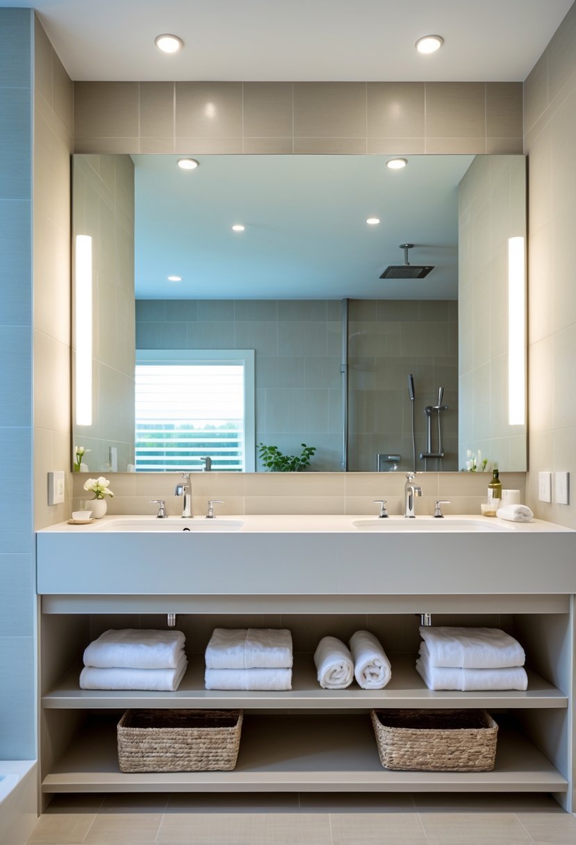 A bathroom with a wall-mounted double vanity featuring two sinks and open shelves holding towels and baskets.