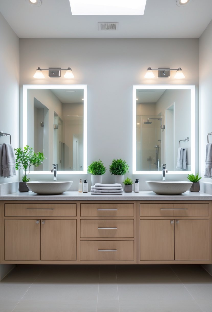 A bathroom with a double vanity featuring quartz countertops and two vessel sinks with mirrors above them.