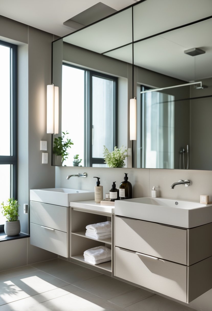 A spacious bathroom with two side-by-side double vanity units, each with sinks, storage drawers, and a large mirror above.