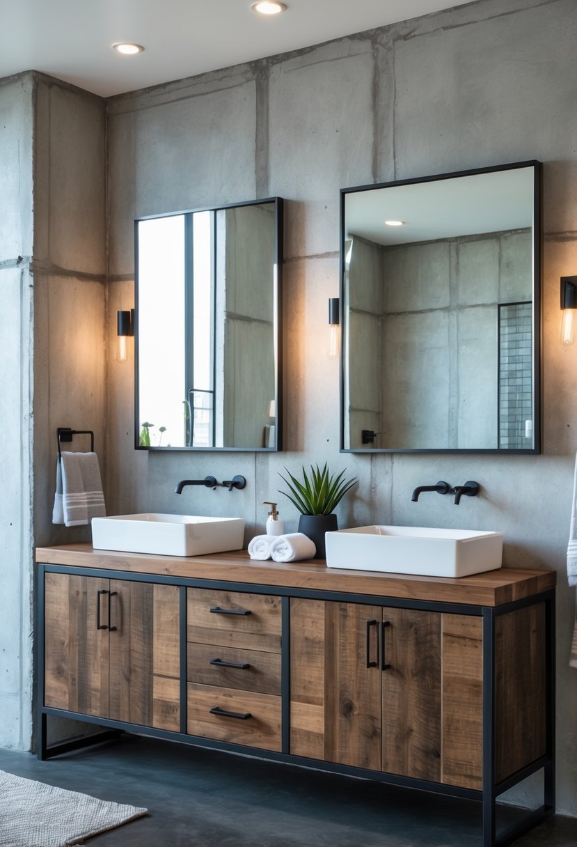 A bathroom with a double sink vanity featuring two rectangular sinks, metal faucets, wooden cabinets, and two mirrors on the wall.