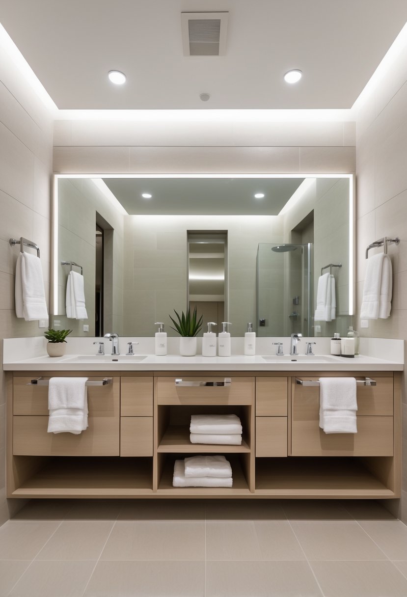 A bright bathroom with a double vanity featuring two sinks and built-in towel racks holding white towels.