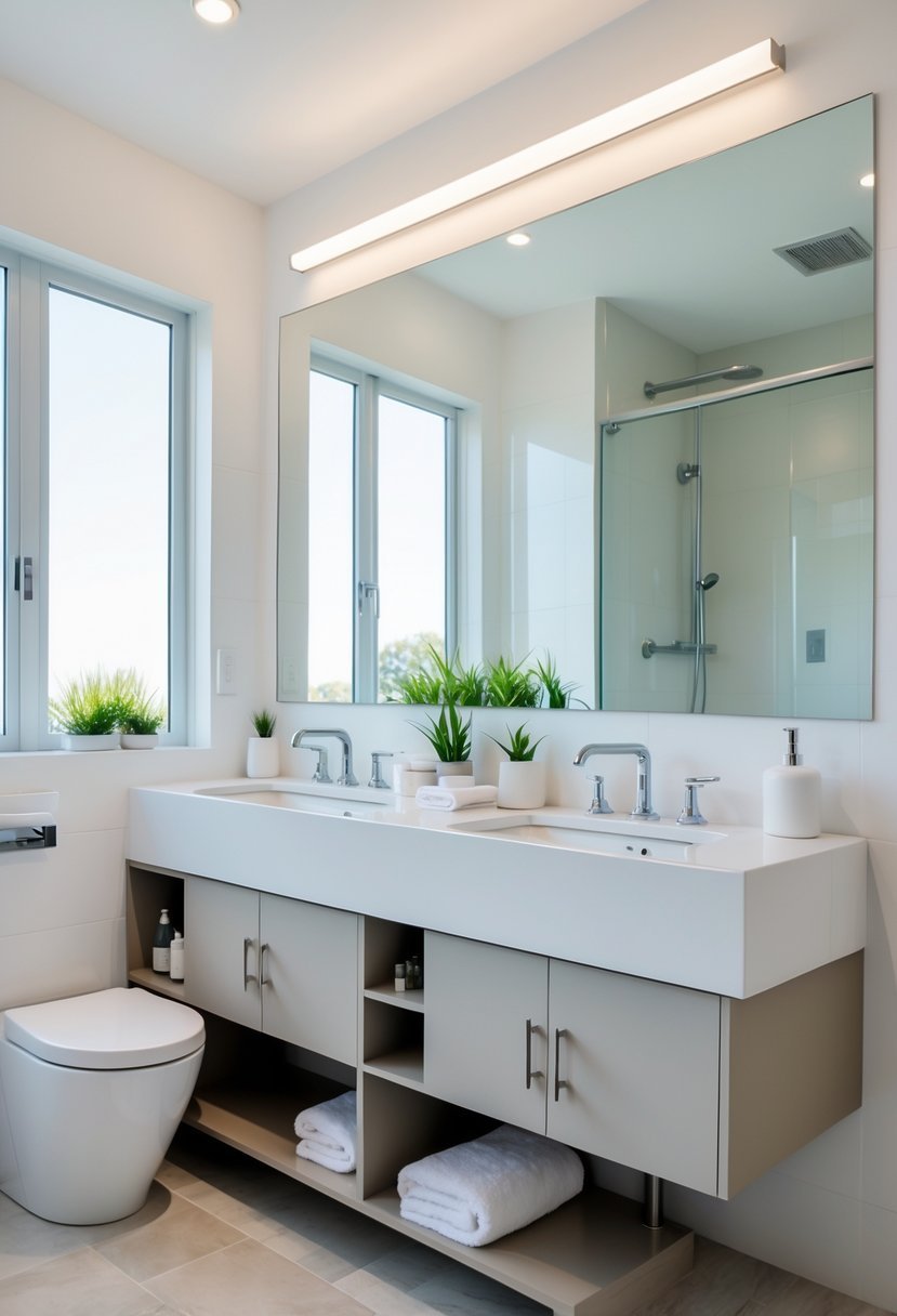 A small bathroom with a compact double sink vanity, mirrors, and natural light.