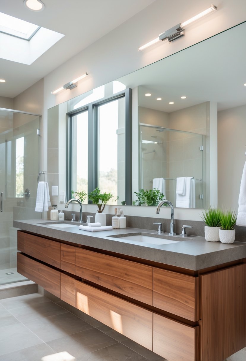 A bathroom with a double vanity featuring two undermount sinks and large mirrors above them.