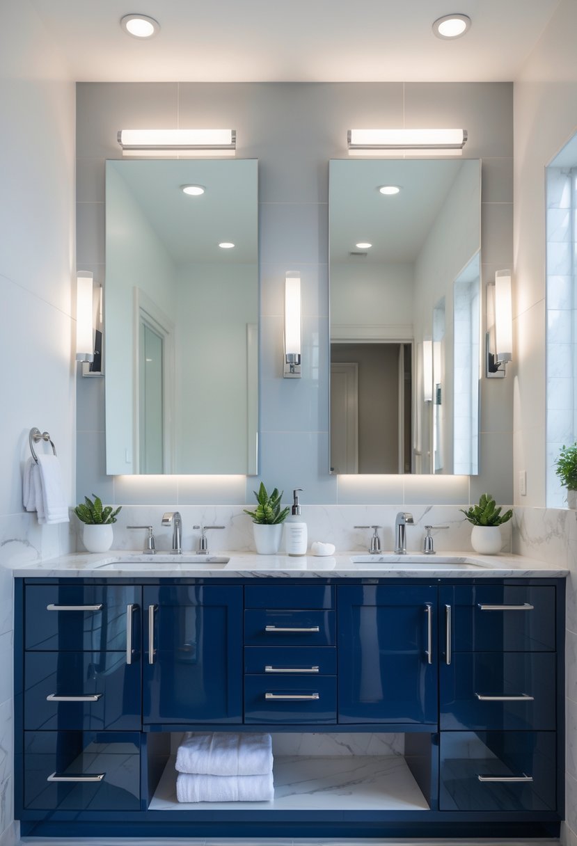 A bathroom with a navy blue double vanity featuring two sinks, mirrors, and bright natural lighting.