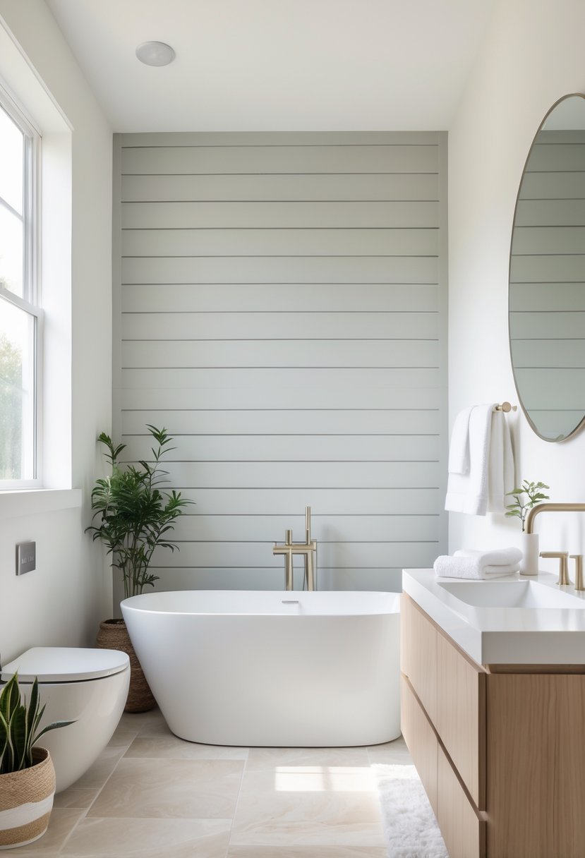 A bathroom with a white freestanding bathtub against a shiplap wall, a wooden vanity with a round mirror, and natural light coming through a window.