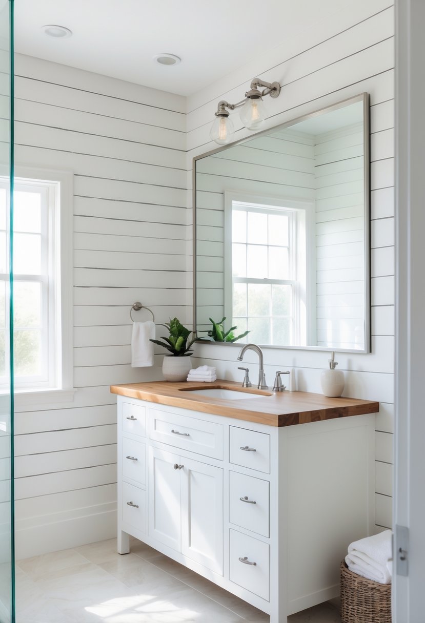 Bathroom with white shiplap wall and a farmhouse vanity with wooden countertop and sink.