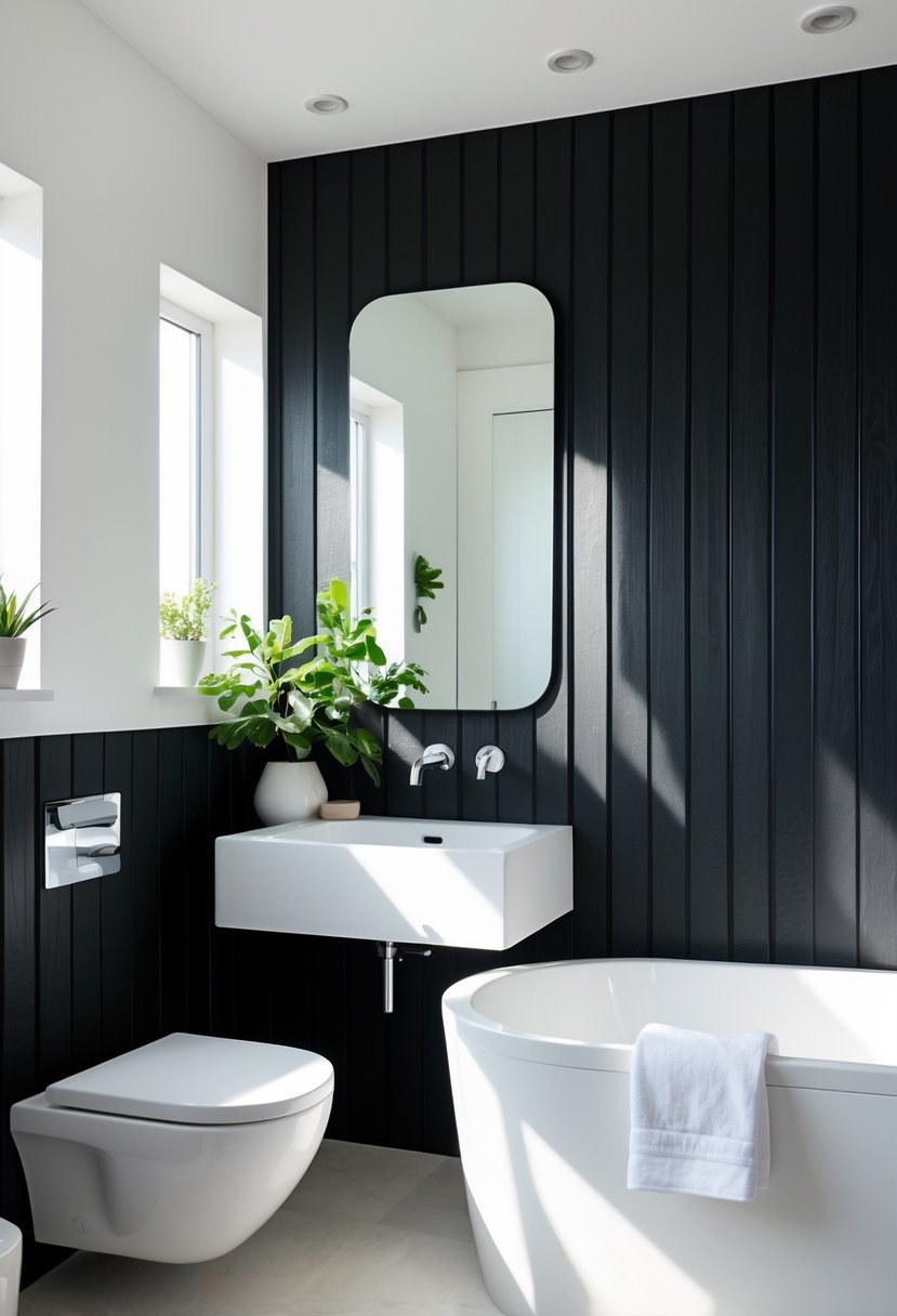 Bathroom with a black shiplap wall and white sink, toilet, and bathtub.