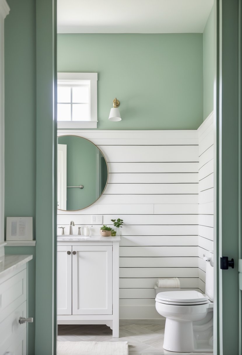 A bathroom with soft green upper walls and white shiplap paneling on the lower half, featuring a white vanity and a large mirror.