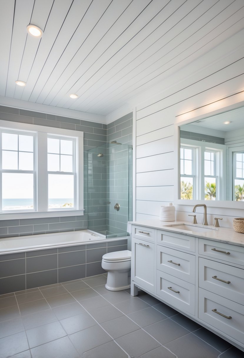 A bathroom with gray tiled floors and walls, a white shiplap ceiling, and a shiplap accent wall, featuring a white vanity and a large mirror.
