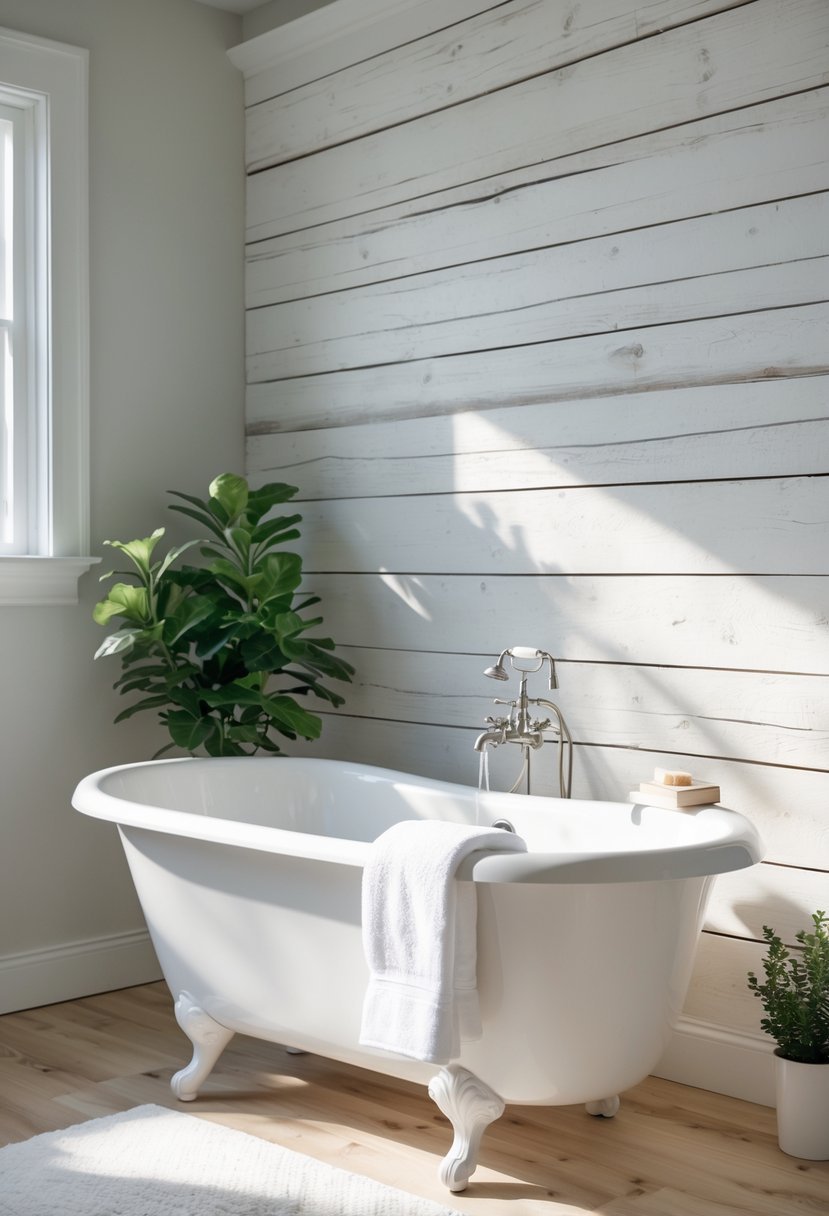 A bathroom with a white clawfoot bathtub in front of a wooden shiplap wall.