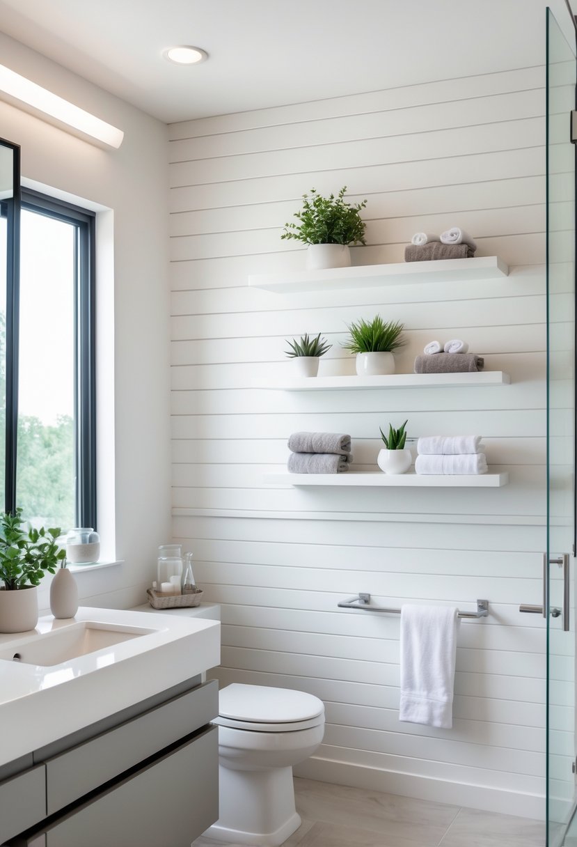 A bathroom with a whitewashed wooden accent wall and floating shelves holding plants and towels above a vanity with a mirror.