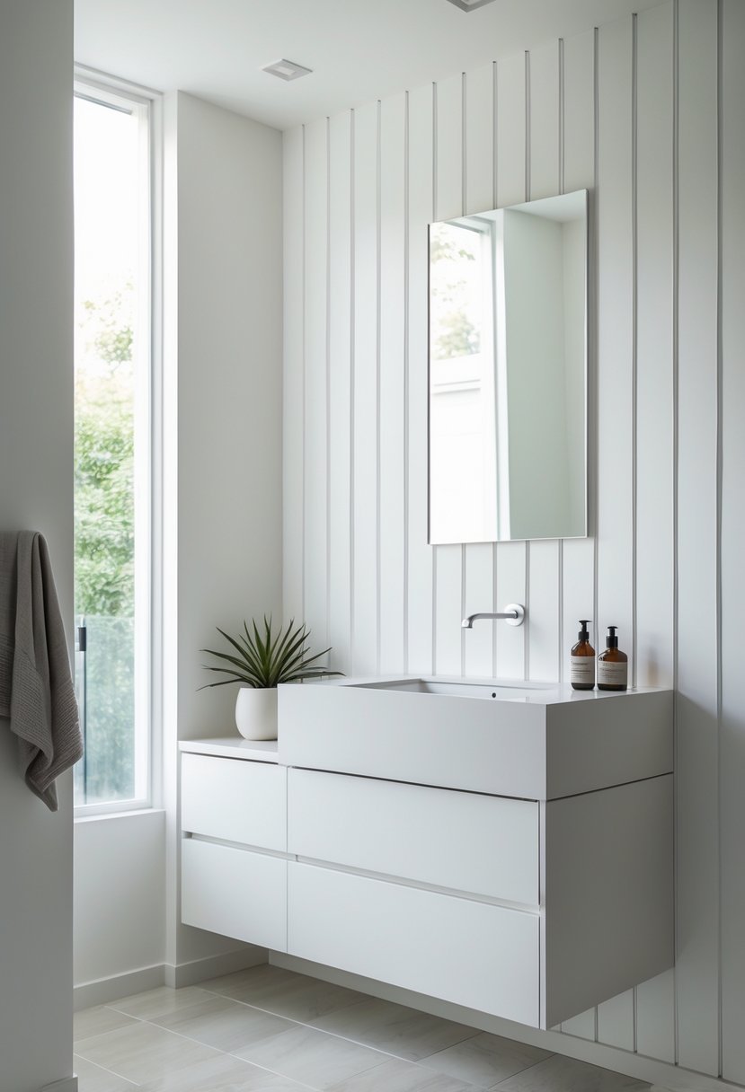 Bathroom interior with a vertical shiplap accent wall and built-in vanity featuring a sink and countertop.
