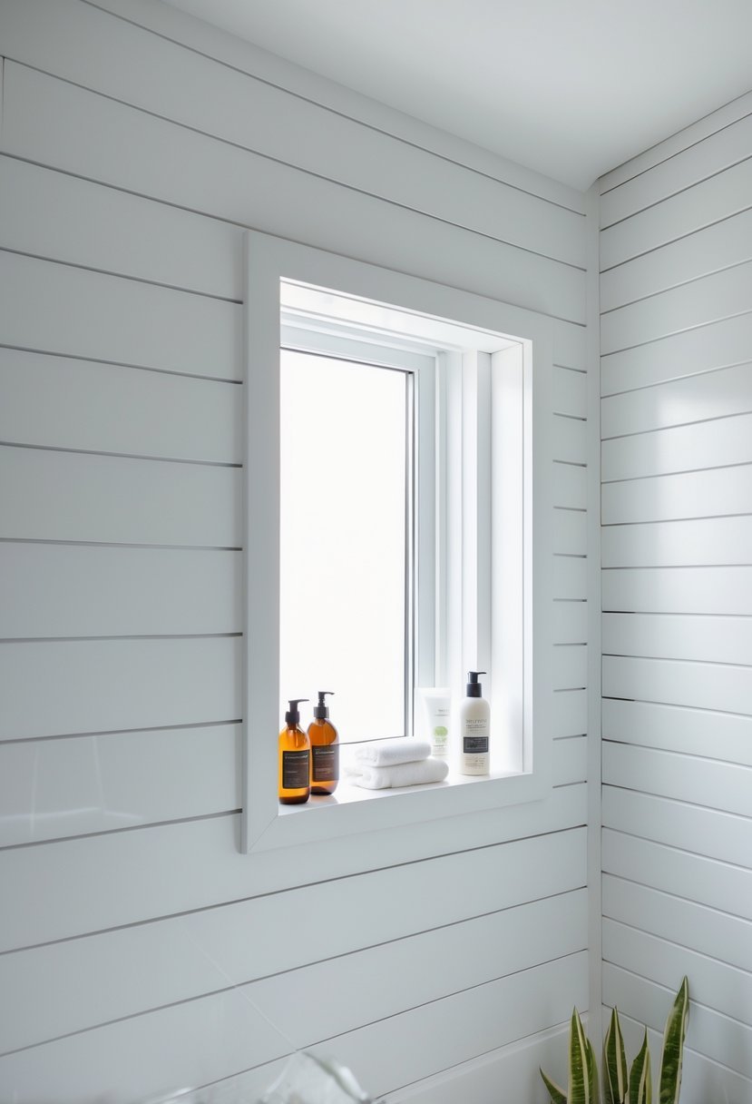 Recessed shower niche framed by white shiplap wood in a bathroom with a shiplap accent wall and toiletries inside the niche.