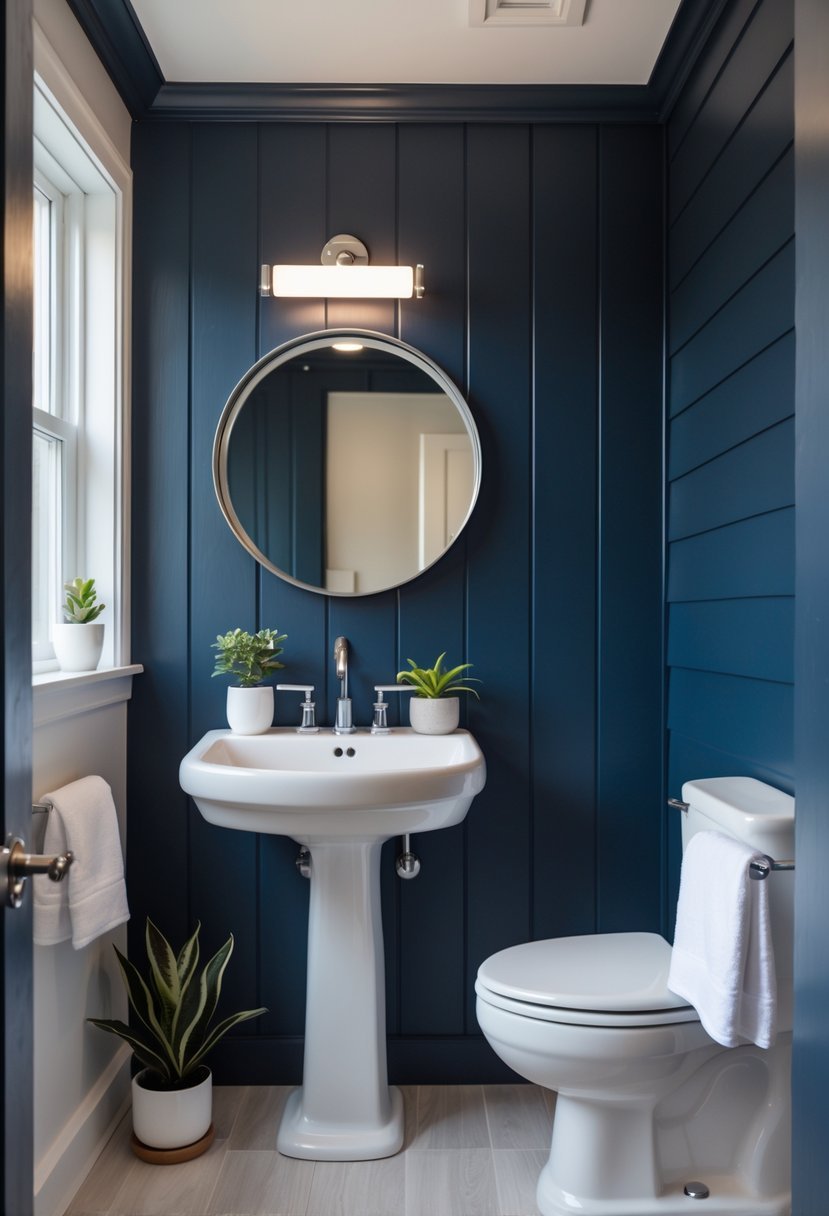 Small powder room with a navy blue shiplap accent wall, a white pedestal sink, and a round mirror.