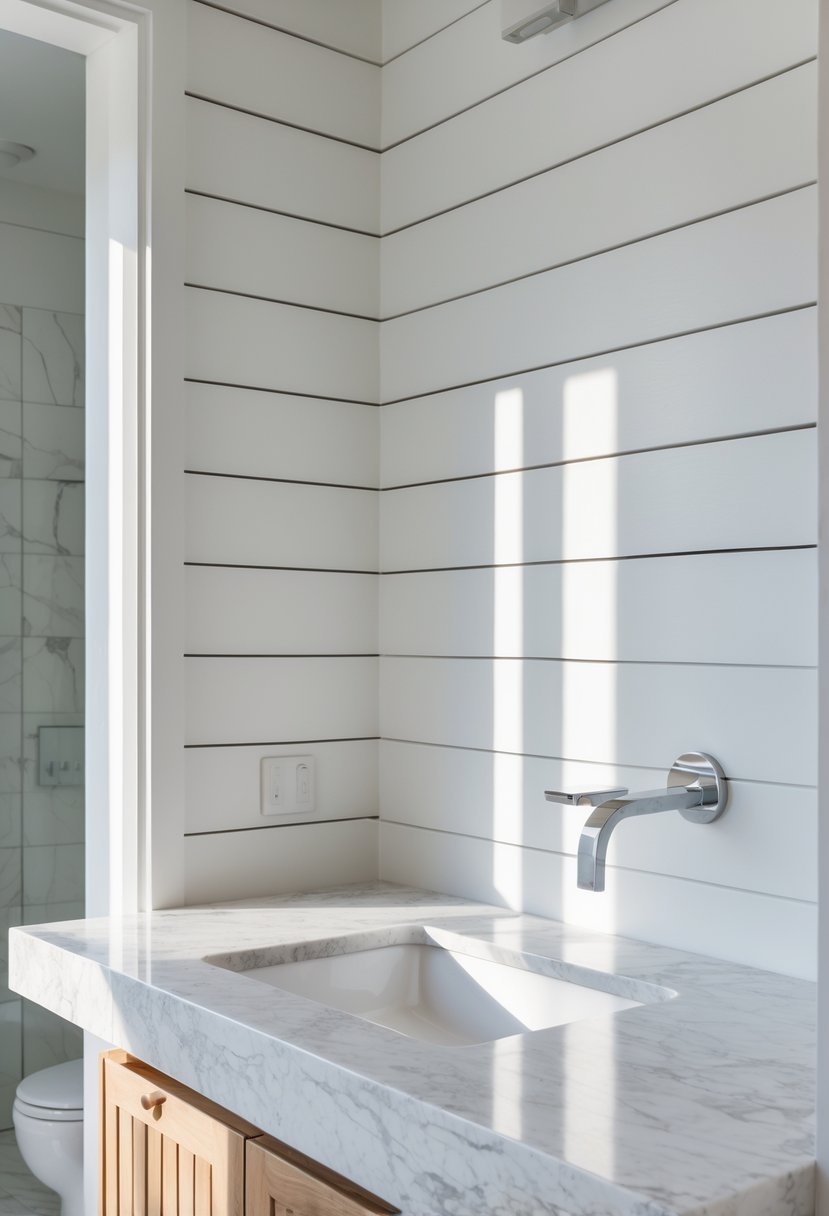 A bathroom with a half-wall of white wooden panels and a marble countertop.