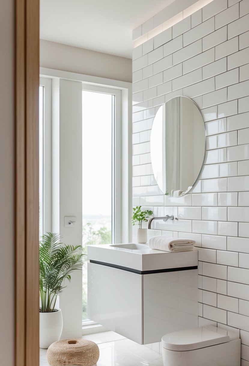 A bathroom interior showing a white shiplap wall next to a white subway tile backsplash above a vanity with a faucet and small plant.