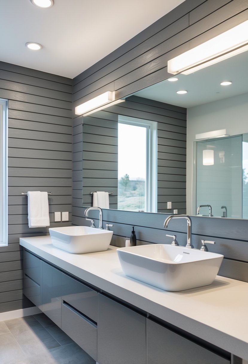 A bathroom with a gray shiplap wall behind two white sinks with chrome faucets.