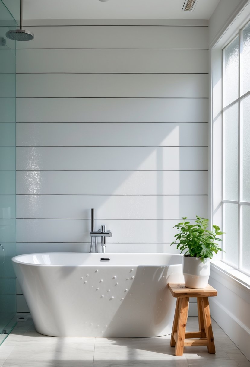 A bathroom with a white freestanding bathtub against a moisture-resistant white shiplap wall, with natural light coming through a frosted window.