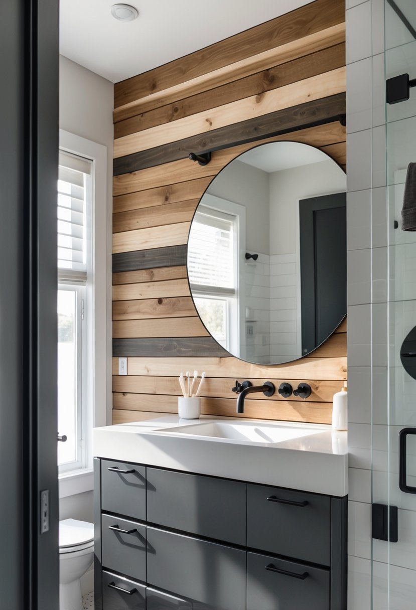 A bathroom with a wooden accent wall and black hardware, including a vanity and fixtures.