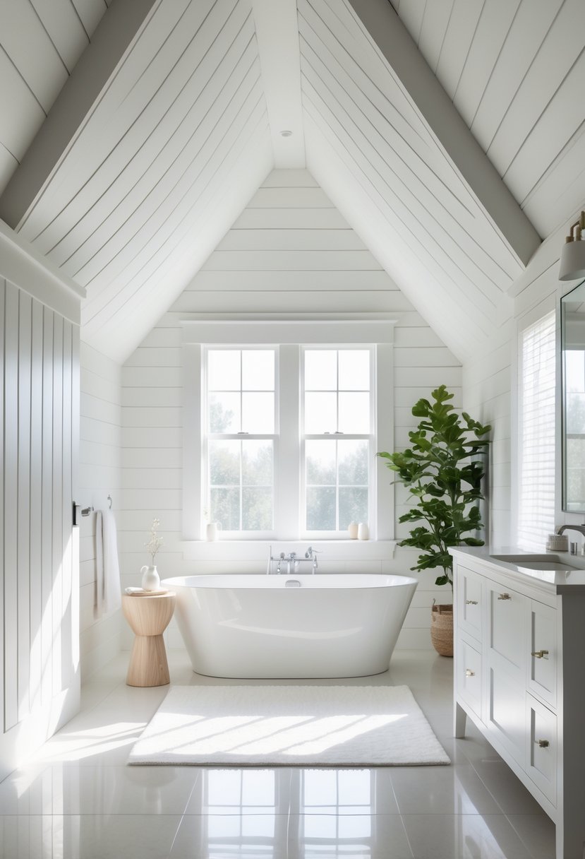 Vaulted bathroom with white shiplap ceiling and accent wall, featuring a bathtub and natural light.