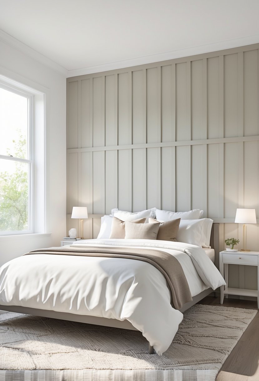 A bedroom with a bed in front of a wall featuring vertical wooden panels creating an accent wall.