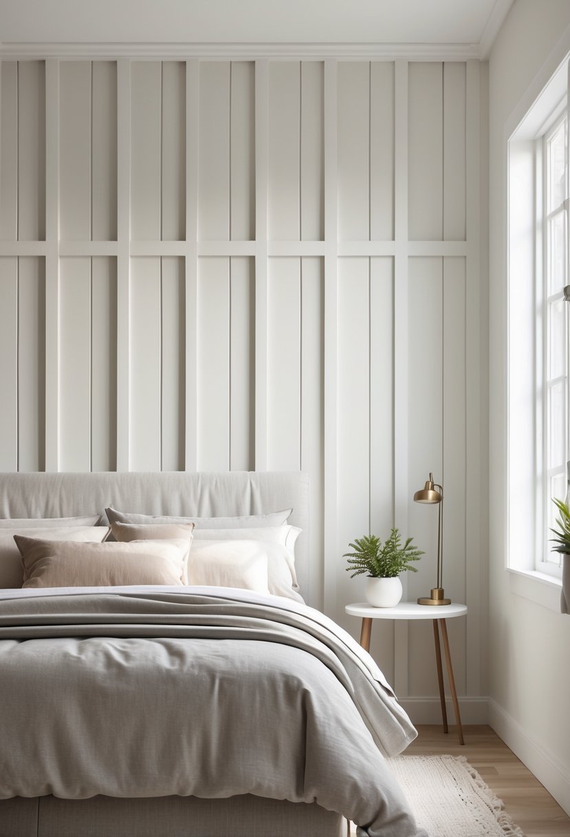 A bedroom with a full-height white board and batten accent wall, a bed, bedside table with a lamp, and natural light coming through a window.