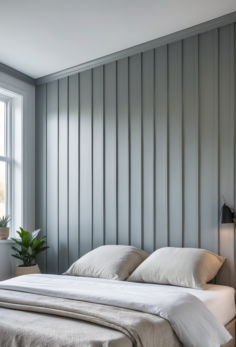 A bedroom with a half-wall featuring vertical wooden panels painted muted gray and a neatly made bed in front.