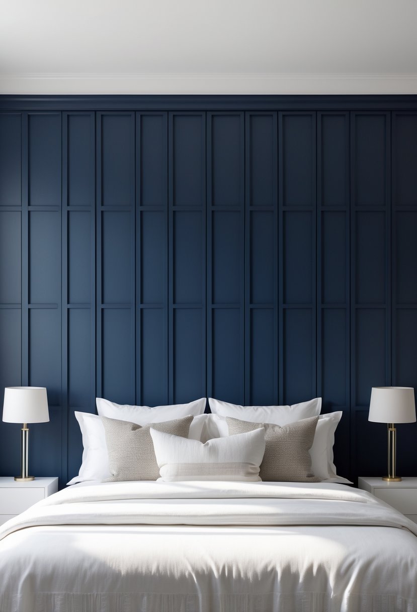 Bedroom with a navy blue board and batten accent wall behind a bed with white linens and bedside tables.