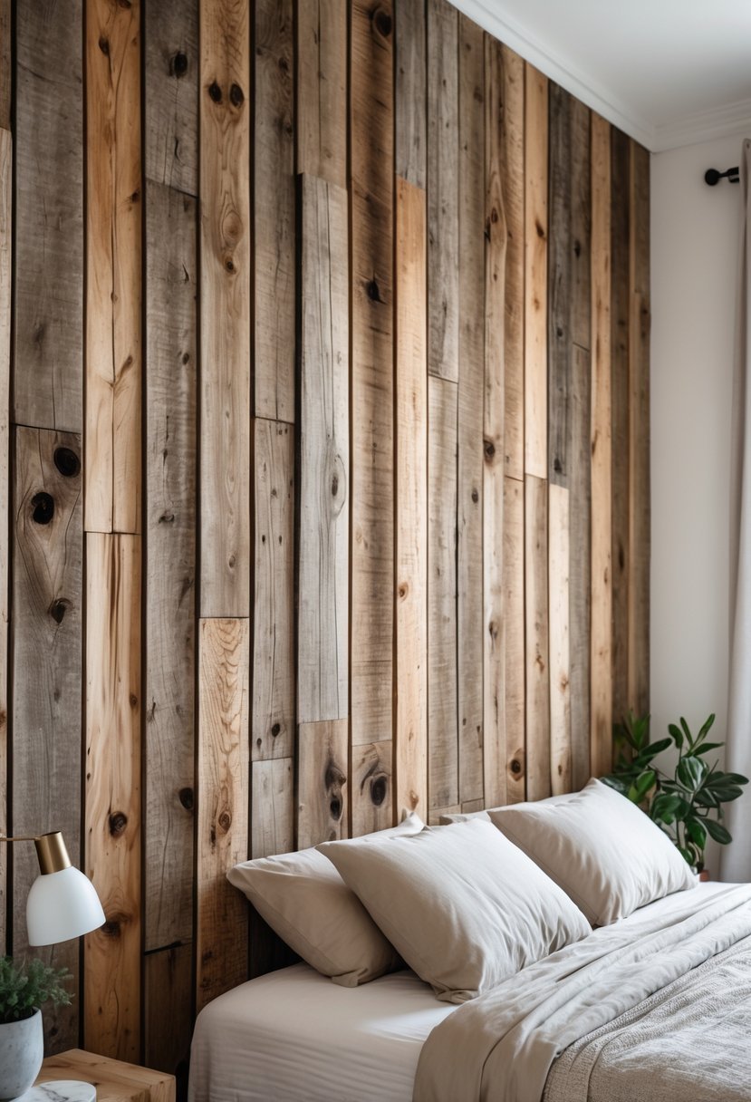 A bedroom with a wooden accent wall made of vertical reclaimed wood panels behind a bed with neutral bedding.