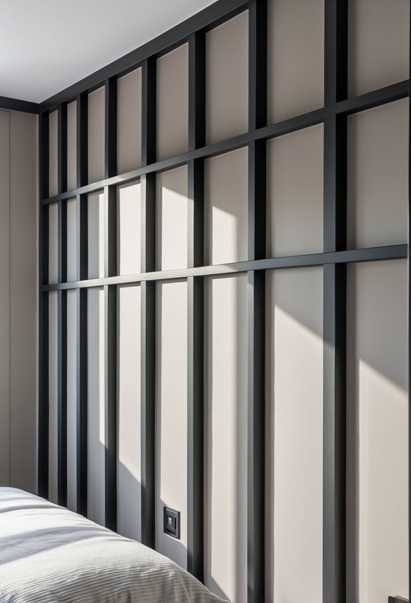 Close-up view of a bedroom wall with 15 matte black vertical battens on a light taupe background.