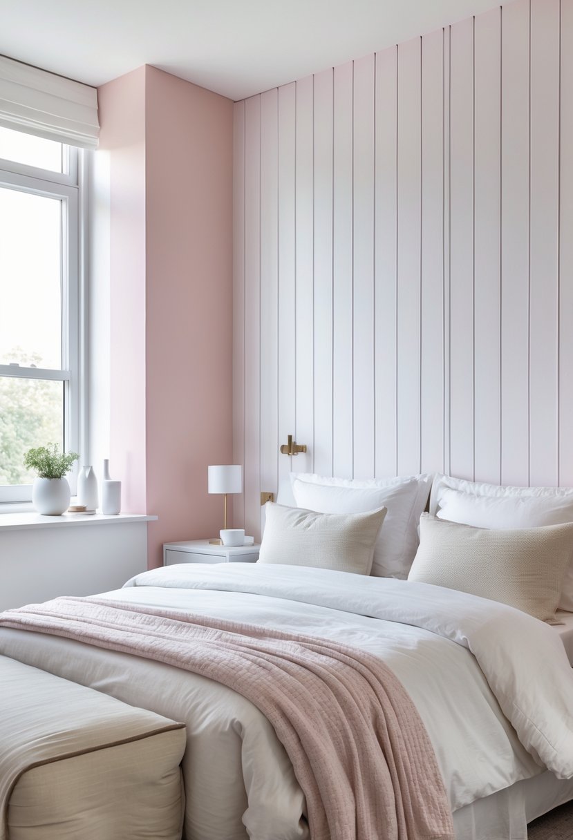 A bedroom with a white board and batten accent wall painted pale pastel pink, featuring a bed and soft natural lighting.