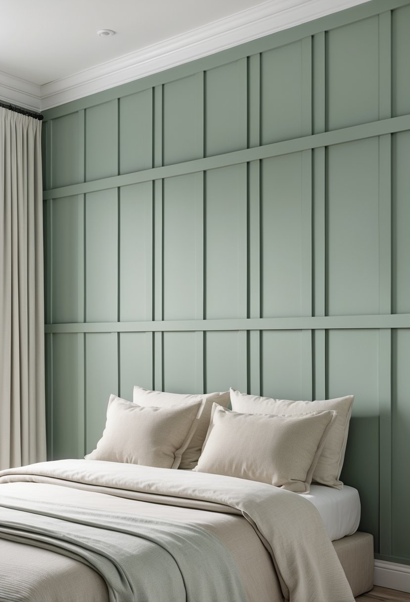 Bedroom with a wide sage green board and batten accent wall behind a neatly made bed.