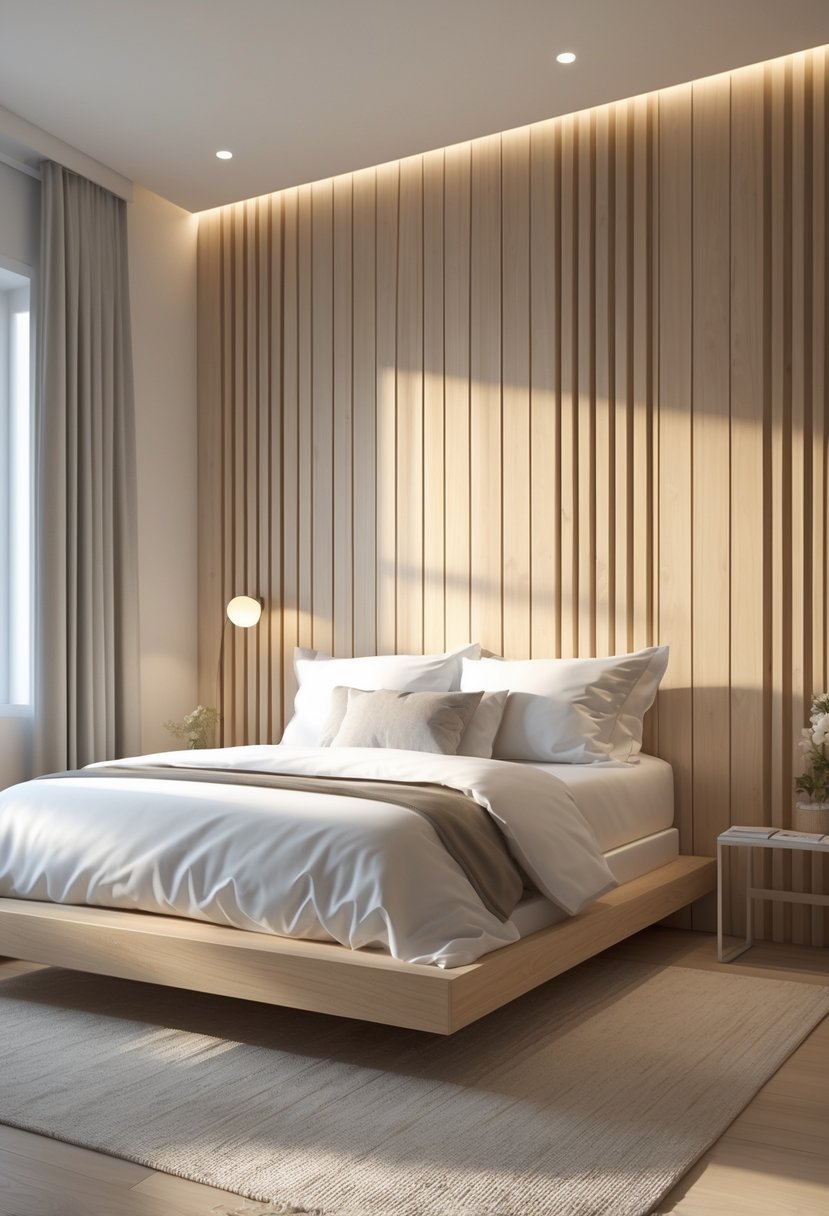 A bedroom with a wooden accent wall featuring vertical battens and horizontal planks behind a neatly made bed.