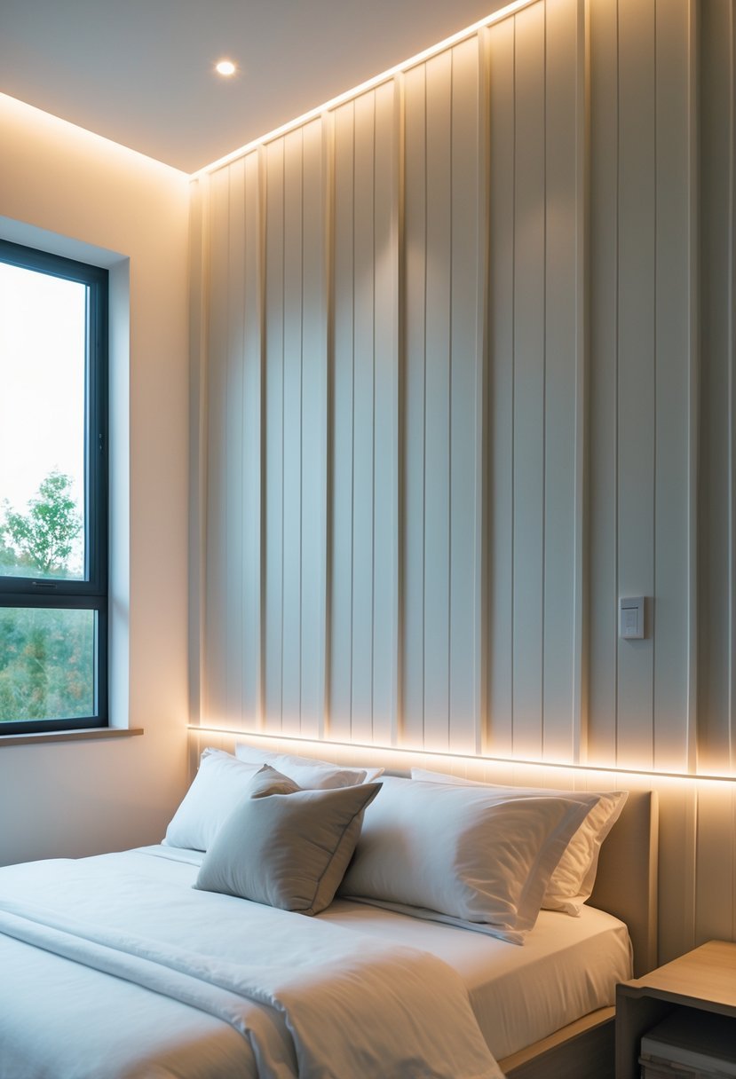 A bedroom with a board and batten accent wall illuminated by integrated LED strip lighting, featuring a neatly made bed.