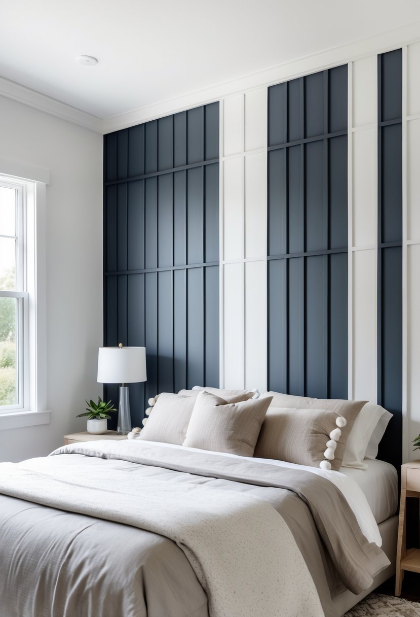 A bedroom with a two-tone accent wall featuring dark vertical battens on a light base, with a neatly made bed and bedside table.