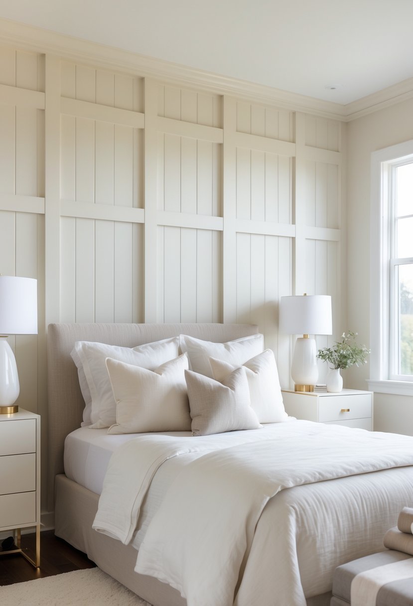 A bedroom with a soft cream board and batten accent wall, a bed with white linens, and matte gold bedside accessories.