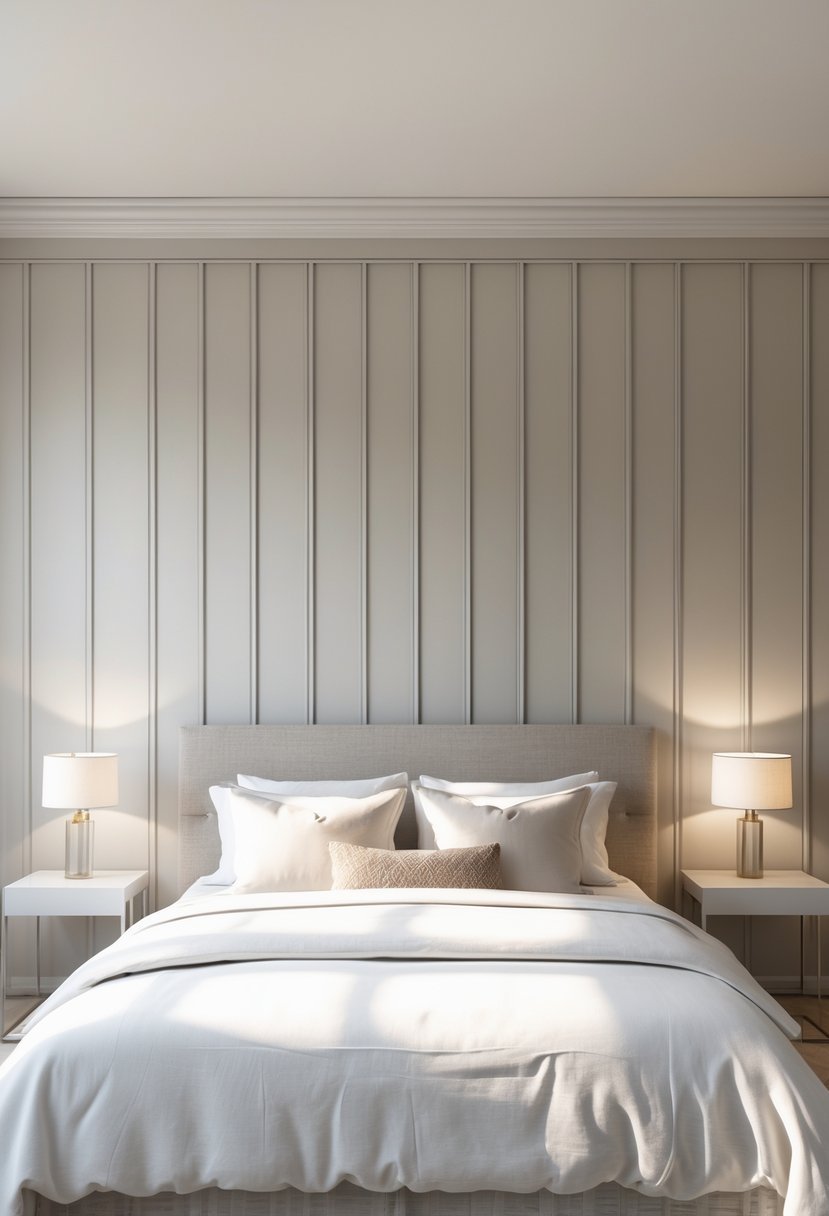 Bedroom with a bed against a tall wall featuring vertical wooden panels extending from the headboard to the ceiling.