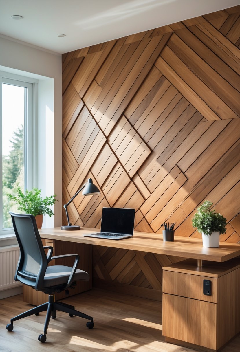 A home office with a desk, chair, and a large wooden accent wall featuring geometric patterns.