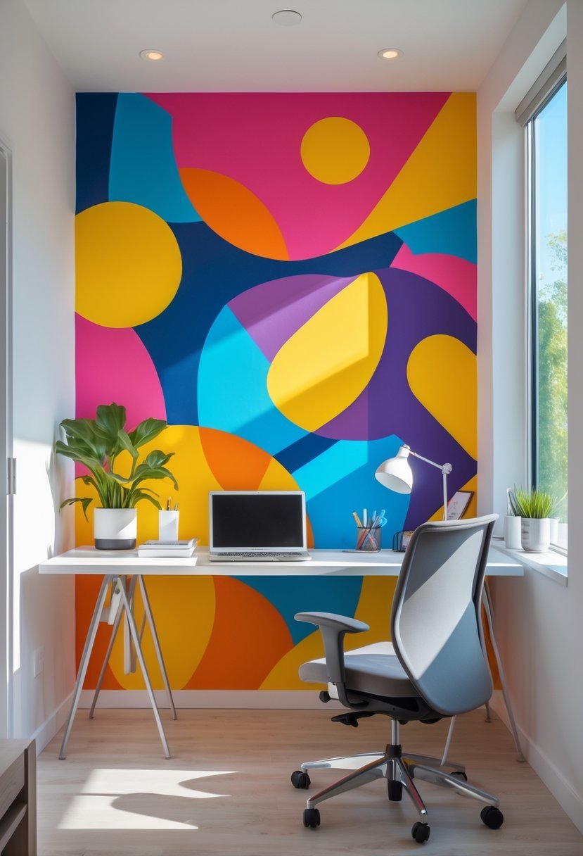 A home office with a desk, chair, laptop, and a colorful abstract patterned accent wall in the background.
