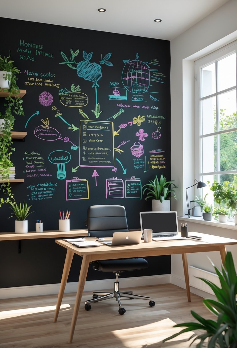 A home office with a large black chalkboard accent wall covered in colorful chalk drawings and notes, a wooden desk with a laptop and office supplies, and natural light coming through a window.