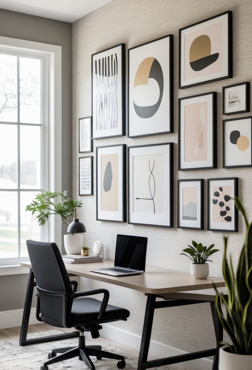 A home office with a desk and chair in front of a wall covered with multiple framed artworks.