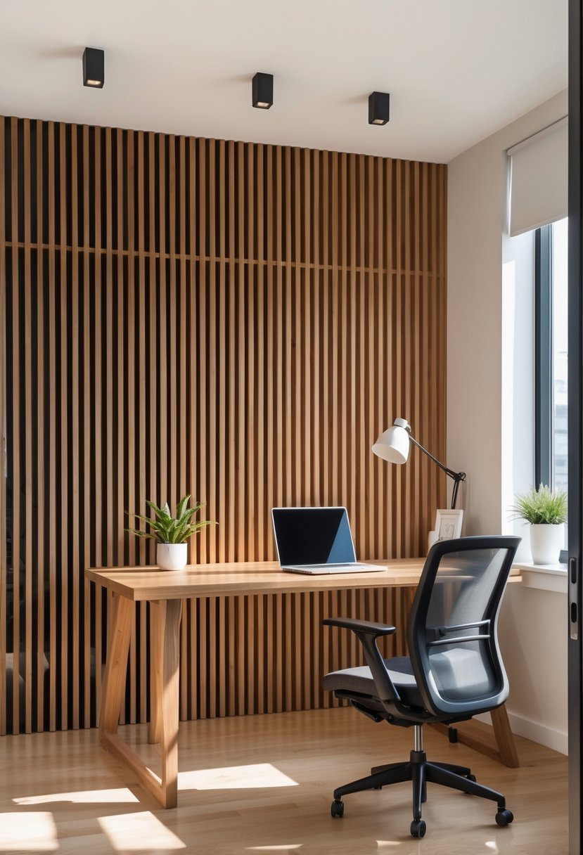 A home office with a wooden desk and chair in front of a wall decorated with vertical wooden slats.