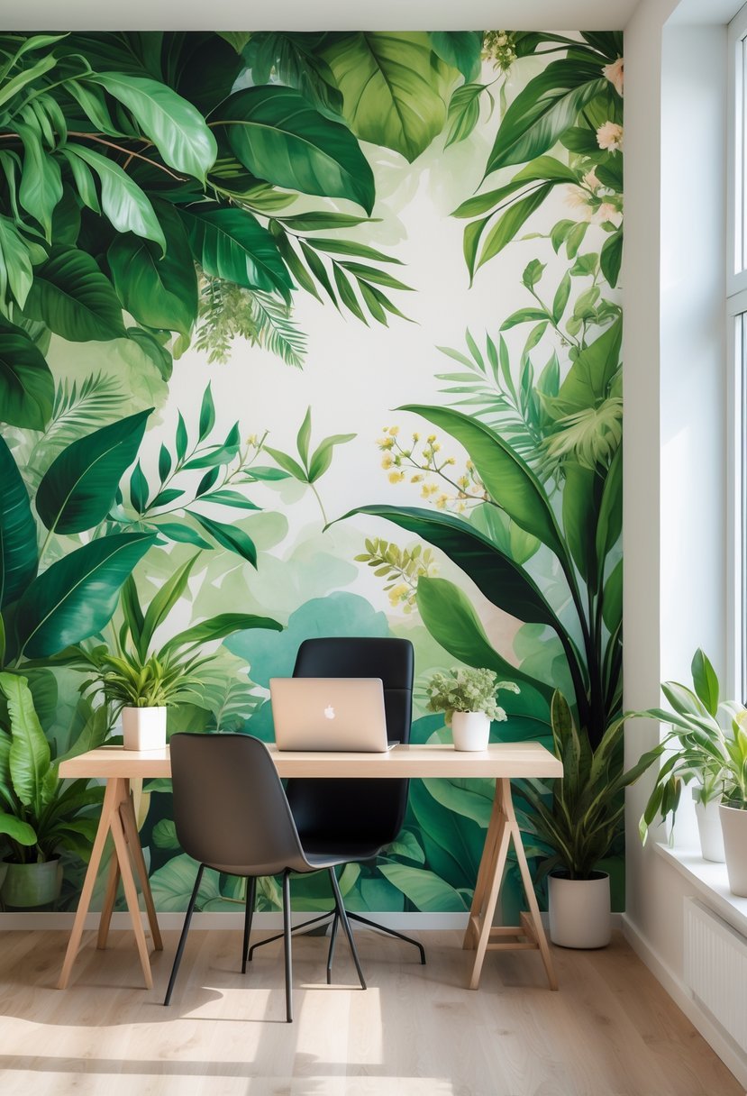 A home office with a large botanical mural on the wall, a wooden desk with a laptop, and potted plants near a window.
