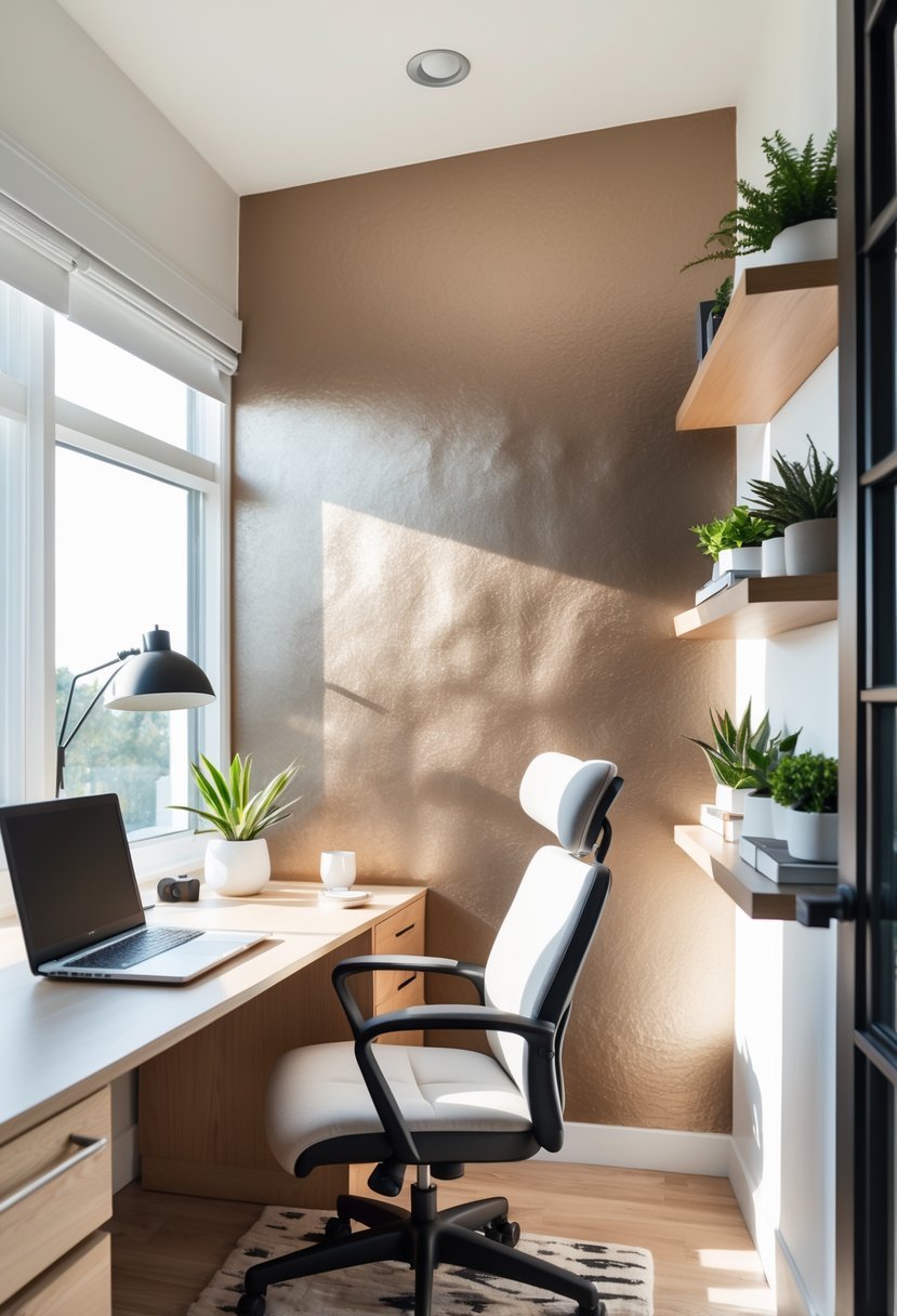 A home office with a desk, chair, shelves, and a softly shimmering metallic accent wall.