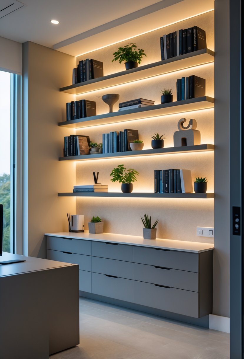 A home office wall with built-in shelves illuminated by integrated lighting, displaying books and decorative items, with a desk in front.