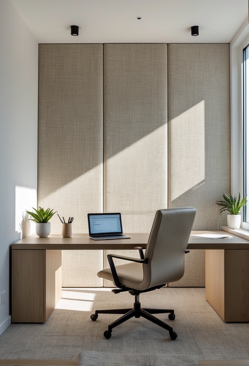 A home office with a wooden desk, laptop, ergonomic chair, and textured fabric wall panels in neutral tones.