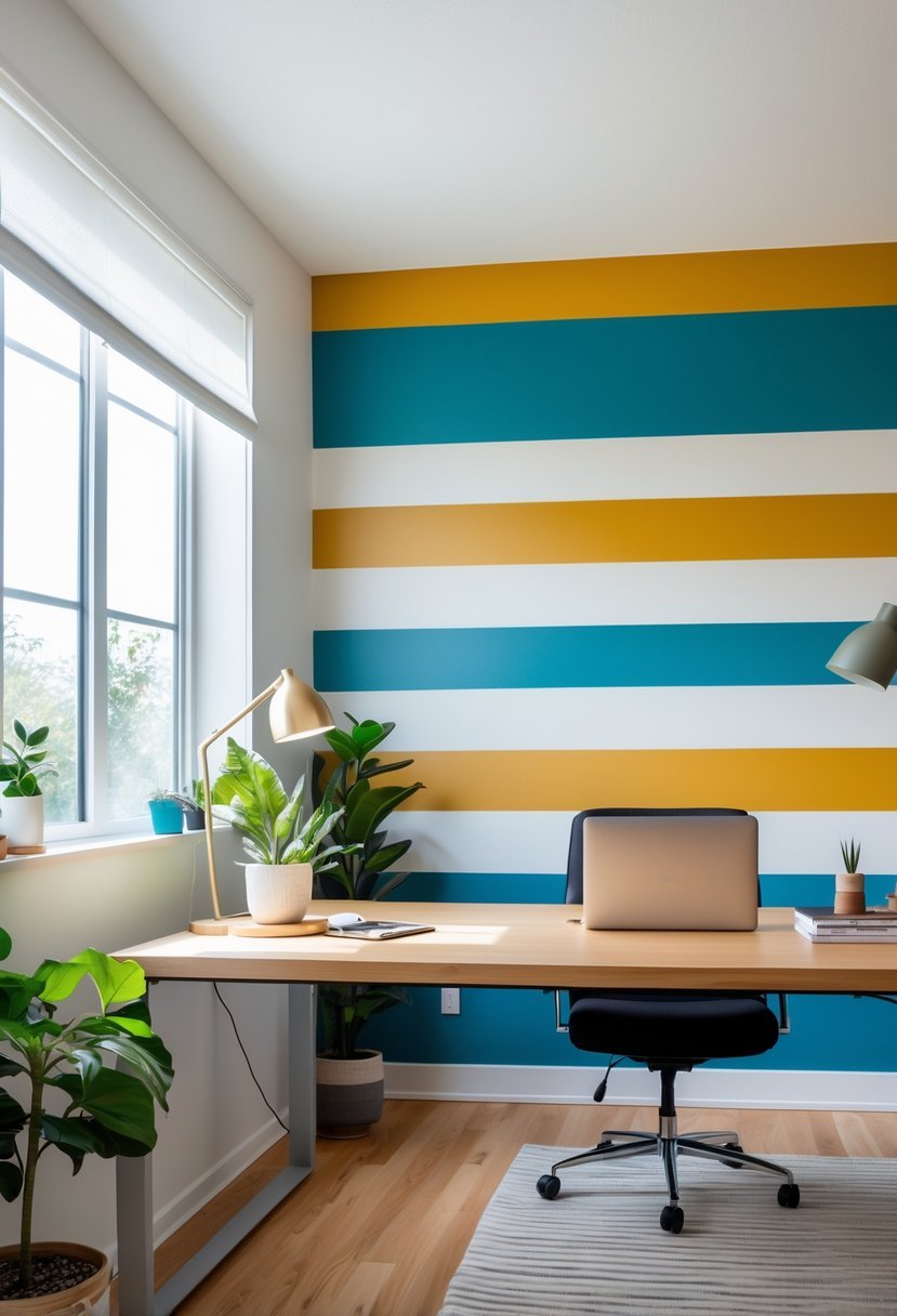 A home office with a desk, chair, and a striped two-tone painted accent wall in the background.