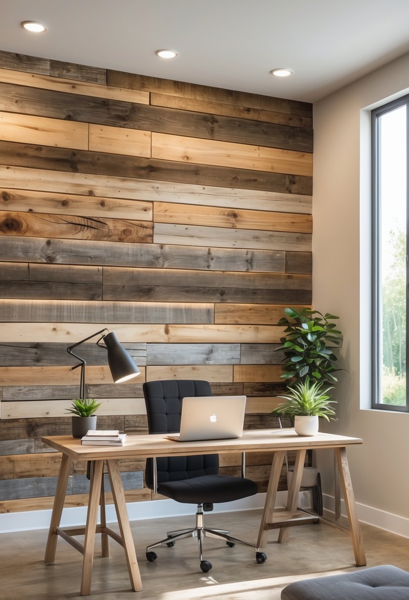 Home office with a wooden accent wall, desk with laptop, lamp, books, and a small plant.