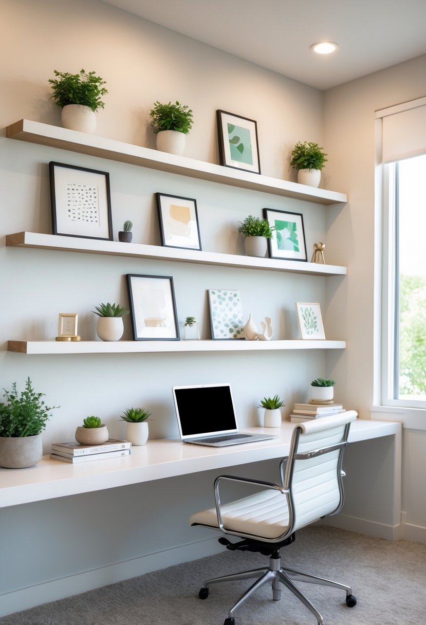 A home office with floating picture ledges on the wall displaying framed art, plants, and books above a desk with a laptop and chair.