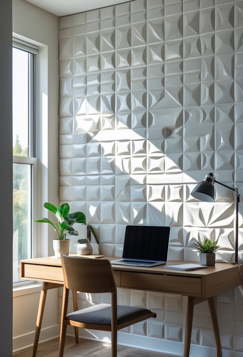 A home office with a desk and a textured wall covered in geometric 3D tiles.